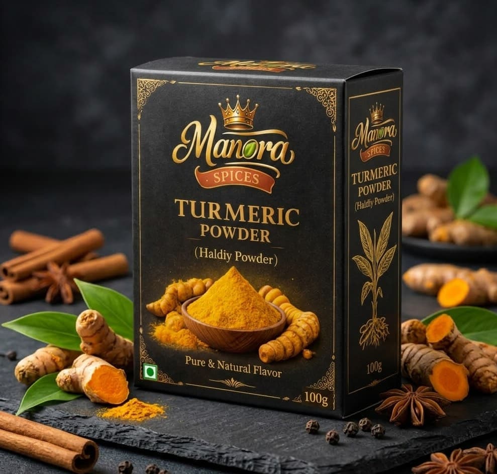 Turmeric powder box from Manora Spices